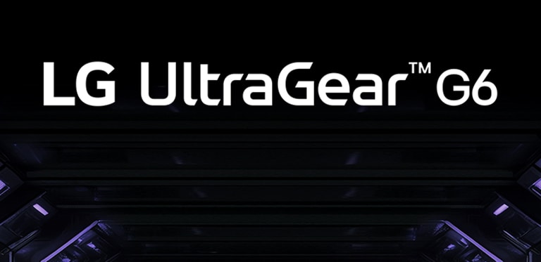 Логотип UltraGear™ G6 в футуристической комнате с неоновым освещением.	