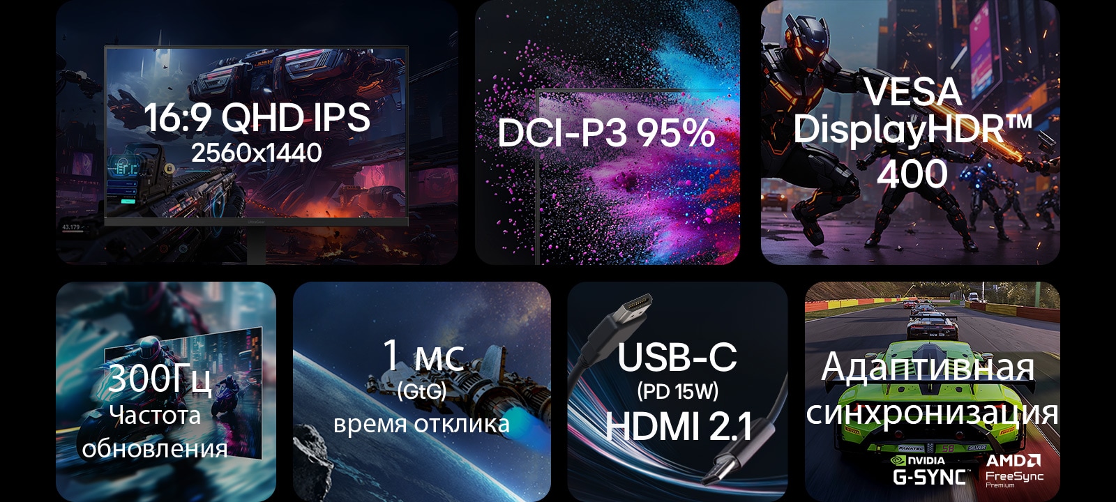 Обзор функций игрового монитора: разрешение 16:9 QHD IPS 2560x1440, цветовой охват DCI-P3 95%, VESA DisplayHDR 400, частота обновления 300&nbsp;Гц, время отклика 1 мс (серый к серому), USB-C с питанием 15&nbsp;Вт и HDMI 2.1, Adaptive Sync с поддержкой NVIDIA G-SYNC и AMD FreeSync Premium.	