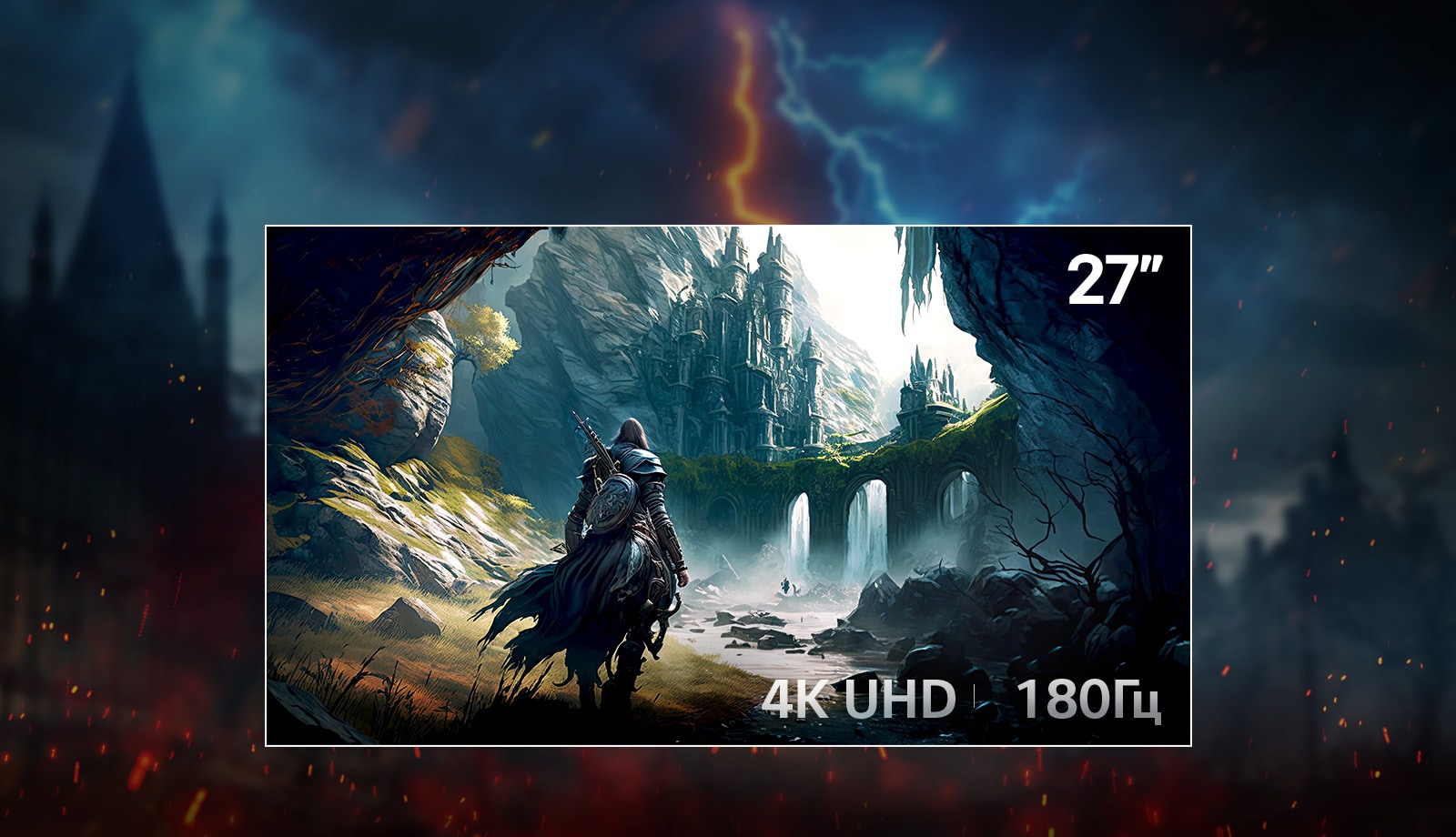 Hero-баннер для LG UltraGear™ 27G810A: фэнтезийный воин верхом на коне приближается к залитым солнцем руинам, обрамленным темным лесом. Заголовок гласит «Идеальный размер для полного доминирования», далее следует основной текст о четкости 4K и скоростях в двойном режиме. Наложенный текст в углу перечисляет ключевые характеристики «27″ | 4K UHD | 180&nbsp;Гц.»
