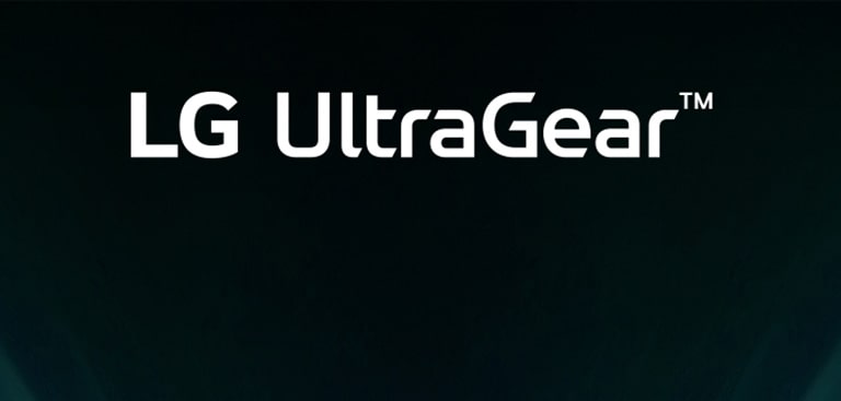 Логотип UltraGear™ в футуристическом интерьере с неоновым освещением.