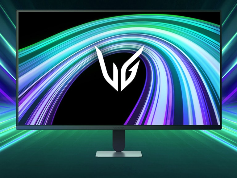 Вид спереди на игровой монитор UltraGear™ 32G403B в футуристической комнате с неоновым освещением.