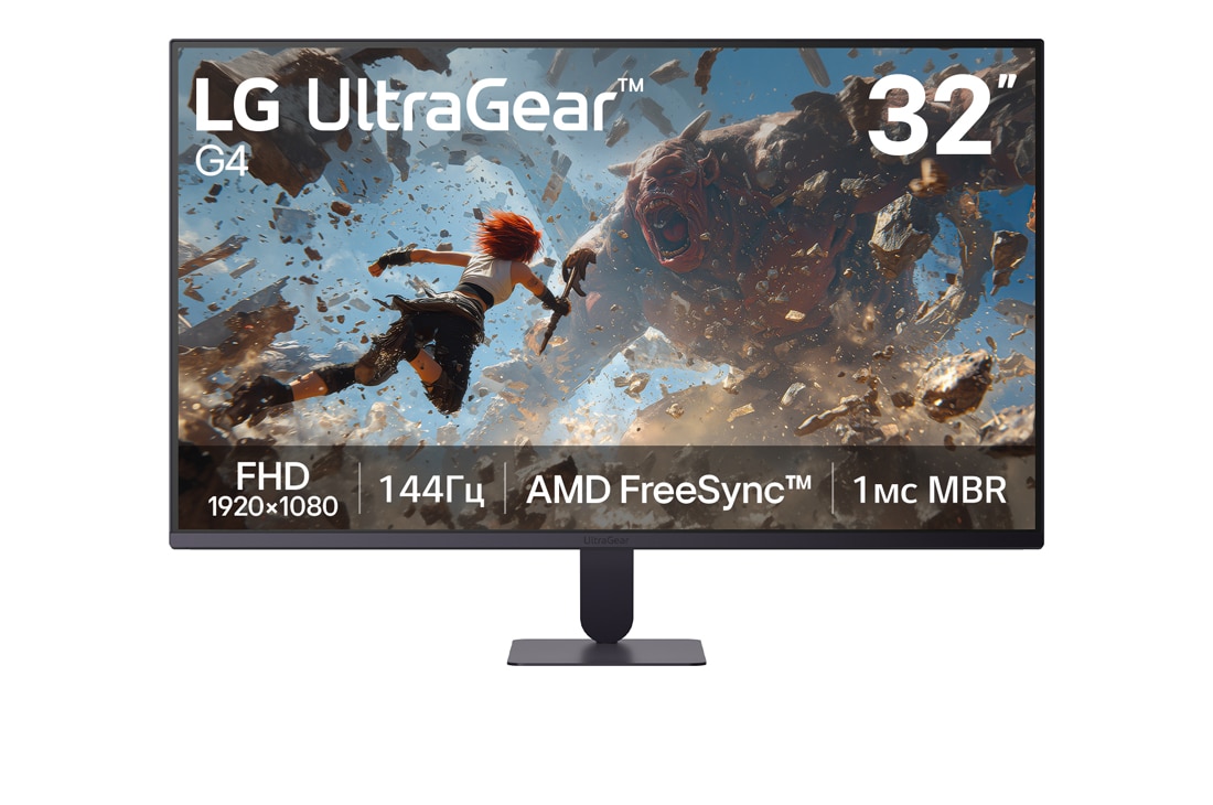 LG 32-дюймовый игровой монитор UltraGear™ G4 144Гц FHD, На этом изображении показан вид спереди 32-дюймового игрового монитора LG UltraGear G4 с разрешением FHD (1920×1080), частотой обновления 144Hz и 1ms MBR (уменьшение размытия движений), что подчеркива, 32G403B-B, thumbnail 2