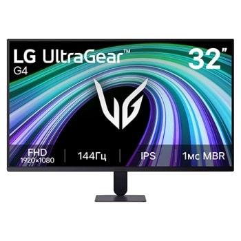 На этом изображении показан вид спереди 32-дюймового игрового монитора LG UltraGear G4 с разрешением FHD (1920×1080), частотой обновления 144Гц и 1ms MBR (уменьшение размытия движений), что подчеркива