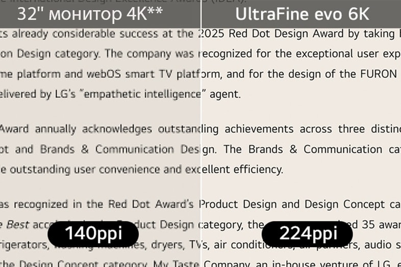 Сравнение четкости текста между дисплеями с плотностью 140&nbsp;ppi и 224&nbsp;ppi, демонстрирующее более резкое и плавное отображение текста при более высокой плотности пикселей.