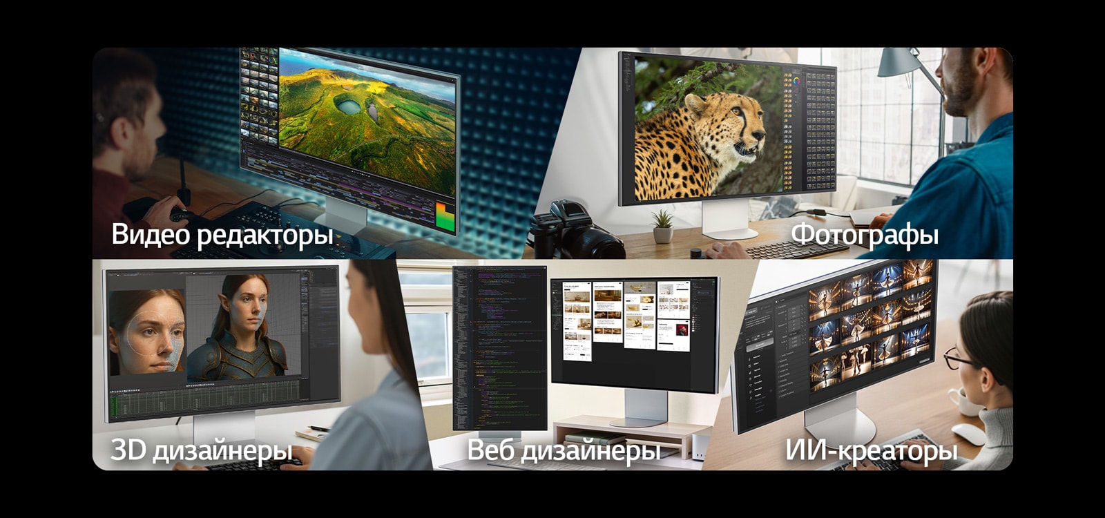 5 изображений, демонстрирующих различных творческих работников, работающих за мониторами UltraFine с использованием различных инструментов.