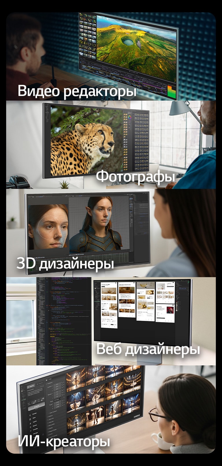 5 изображений, демонстрирующих различных творческих работников, работающих за мониторами UltraFine с использованием различных инструментов.