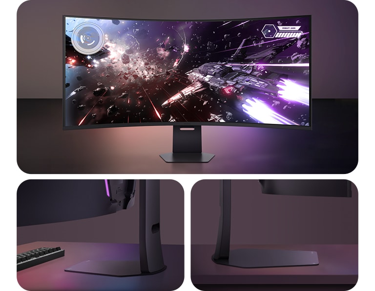 Вид спереди, сзади и сбоку на игровой монитор LG UltraGear с изогнутым дизайном и стильным исполнением.