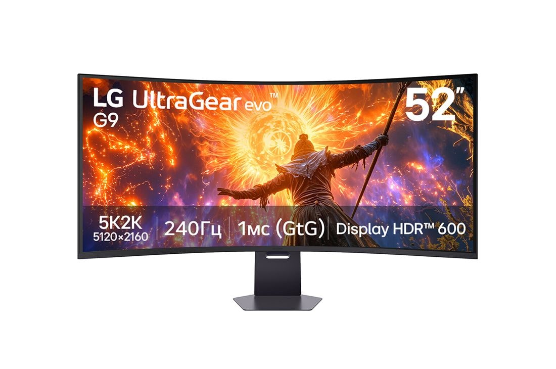 LG 52-дюймовый UltraGear evo G9, самый большой в мире игровой монитор 5K2K 240&nbsp;Гц, Вид спереди на 52-дюймовый игровой монитор UltraGear evo G9 5K2K 240 Гц (52G930B) с изображением игровой графики, 52G930B-B, thumbnail 2
