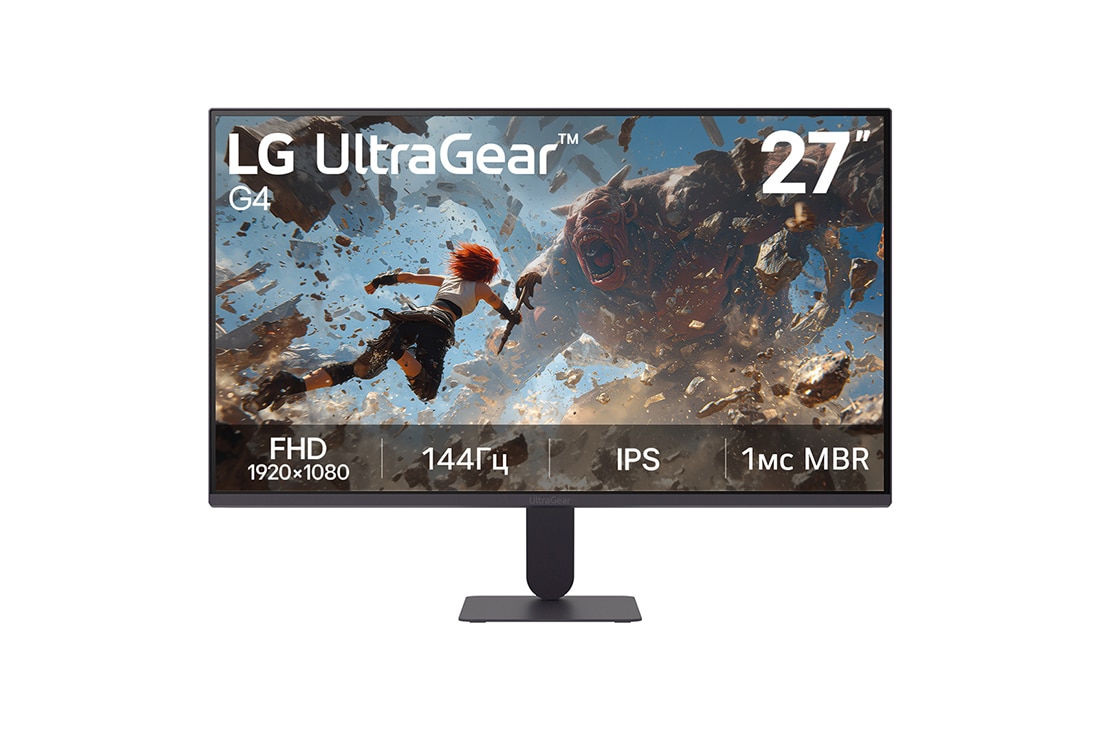 LG 27’’ игровой монитор LG UltraGear™ G4 FHD 144&nbsp;Гц, На этом изображении показан вид спереди 27-дюймового игрового монитора LG UltraGear G4 с IPS-дисплеем и разрешением FHD (1920×1080), частотой обновления 144&nbsp;Гц и 1&nbsp;мс MBR (уменьшение размытия движений, 27G411B-B, thumbnail 2