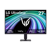LG 27’’ игровой монитор LG UltraGear™ G4 FHD 144&nbsp;Гц, На этом изображении показан вид спереди 27-дюймового игрового монитора LG UltraGear G4 с IPS-дисплеем и разрешением FHD (1920×1080), частотой обновления 144&nbsp;Гц и 1&nbsp;мс MBR (уменьшение размытия движений, 27G411B-B, thumbnail 1
