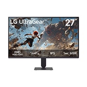 LG 27’’ игровой монитор LG UltraGear™ G4 FHD 144&nbsp;Гц, На этом изображении показан вид спереди 27-дюймового игрового монитора LG UltraGear G4 с IPS-дисплеем и разрешением FHD (1920×1080), частотой обновления 144&nbsp;Гц и 1&nbsp;мс MBR (уменьшение размытия движений, 27G411B-B, thumbnail 2