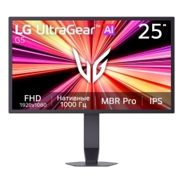 Вид спереди на игровой монитор UltraGear G5 (25G590B), отображающий шутер от первого лица в разрешении FHD с исходной частотой обновления 1000&nbsp;Гц, технологией MBR Pro и технологией IPS.