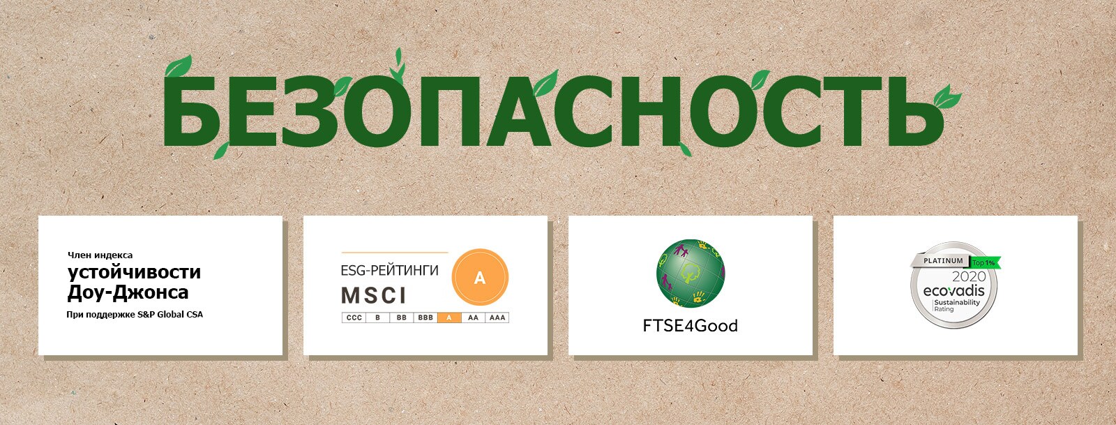 Логотип индекса устойчивости Доу-Джонса Логотип FTSE4Good. Логотип индекса устойчивости Ecovadis. Логотип ESG-рейтингов MSCI