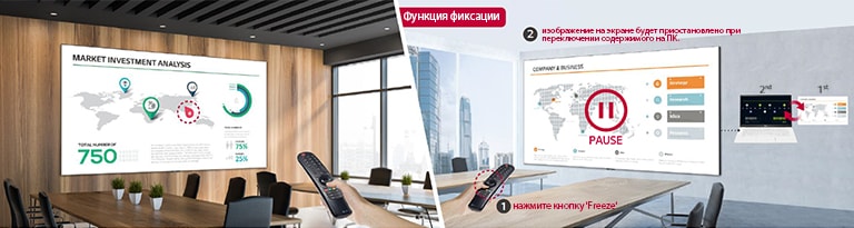 Функции пульта дистанционного управления LG Magic Remote показаны на двух изображениях. На левом изображении показаны функции пульта Magic Remote, которые позволяют использовать его в качестве лазерной указки на экране LAEC. На правом изображении - функция Freeze, при нажатии кнопки Freeze на пульте Magic Remote экран LAEC, установленный на стене конференц-зала, приостанавливается.