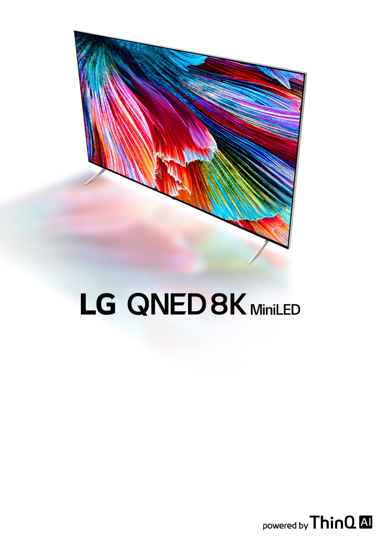 Изображение телевизора LG QNED 8K MiniLED на белом фоне и разноцветное отражение экрана на полу.