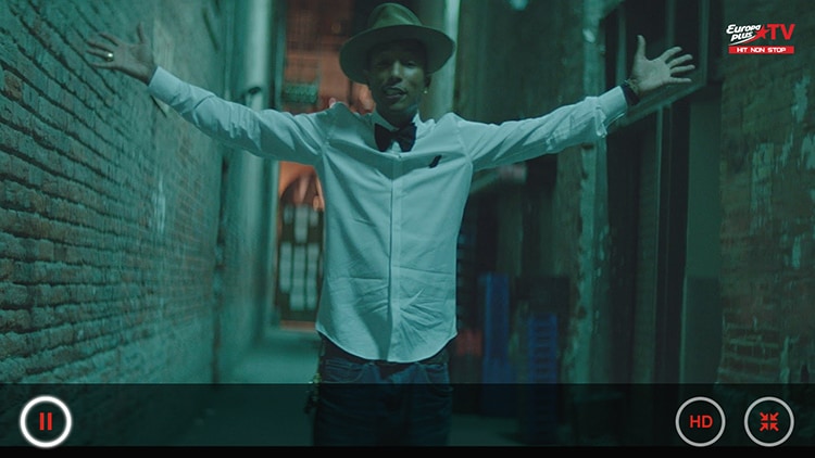 Скриншот нового приложения Europa Plus TV на LG Smart TV c Фаррелом Уильямсом Фарелл Уильямс (Pharrell Williams) в приложении Europa Plus TV на LG Smart TV