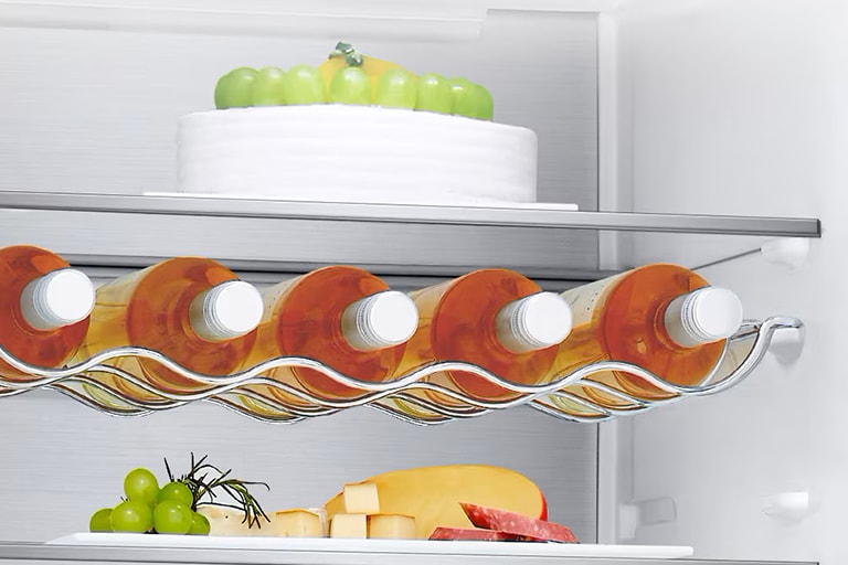 Close-up of wine stand with 2 bottles, enabling efficient use of space.	