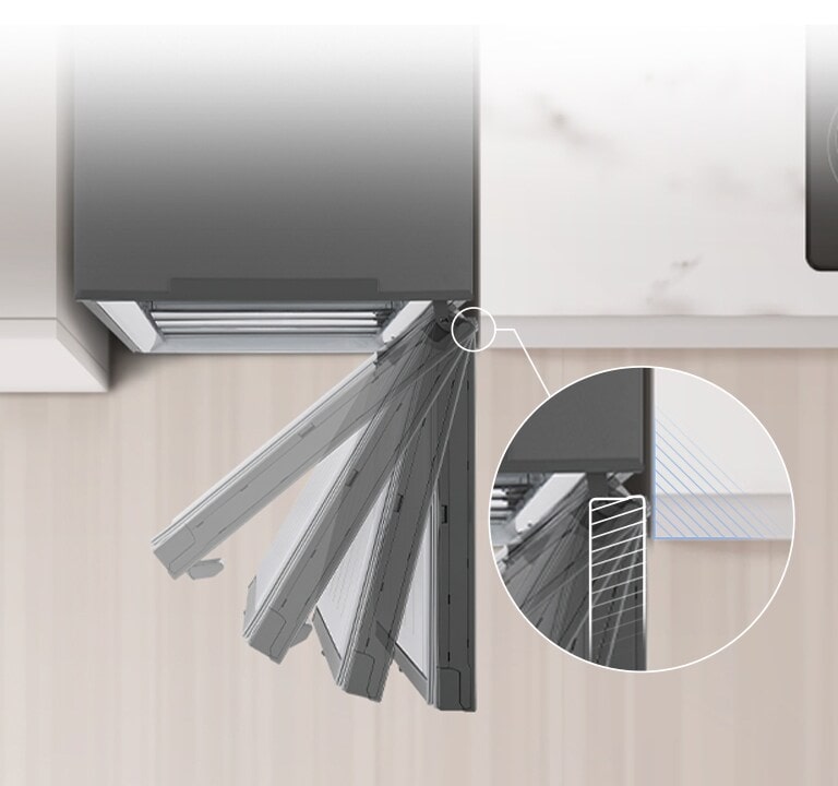 Aerial view of refrigerator installed next to wall with zero clearance of door hinge.