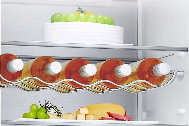 Close-up of wine stand with 2 bottles, enabling efficient use of space.	