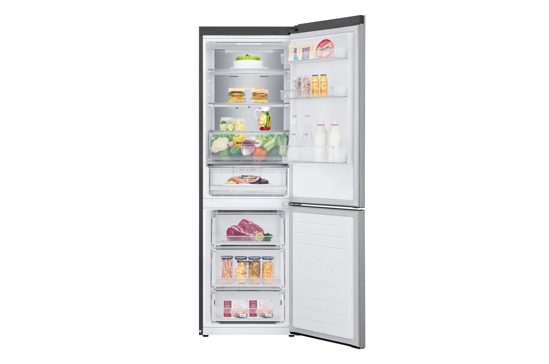LG Холодильник LG GA-B459SMQM | Объем 341л | DoorCooling+ | Складная полка | Серебристый, front door with door open with food, GA-B459SMQM, thumbnail 5