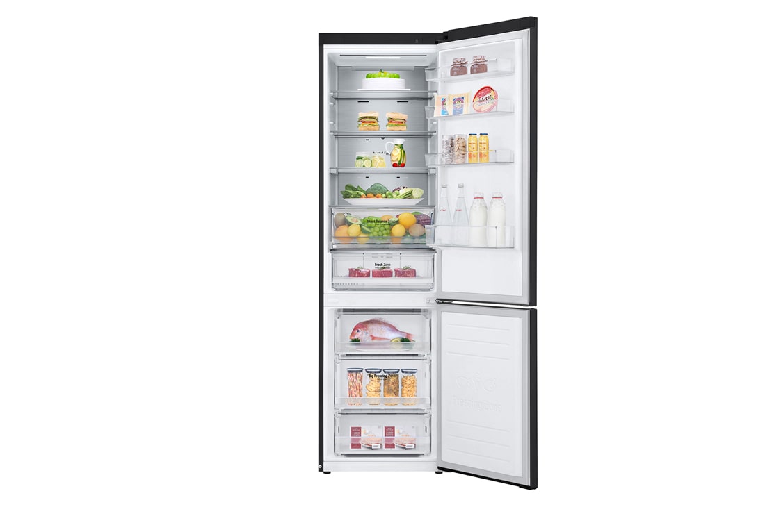 LG Холодильник LG GC-B509SBSM | 419л | DoorCooling⁺ | Матовый чёрный, front view with door open with food, GC-B509SBSM, thumbnail 2