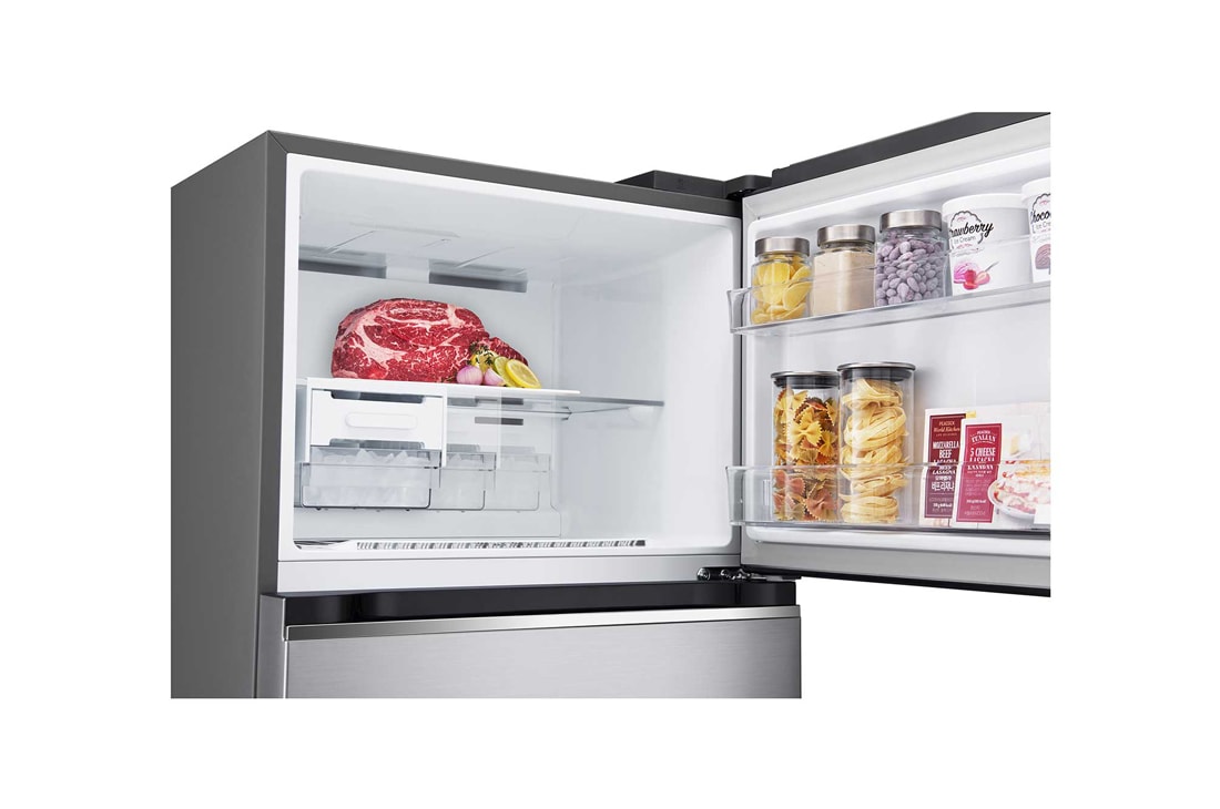 LG Холодильник GN-B392SMBB | 423л | DoorCooling+ | Гигиенический фильтр Hygiene Fresh | Умный инверторный компрессор |Серебристый, Открытая морозильная камера с системой Spaceplus и продуктами, GN-B392SMBB, thumbnail 6