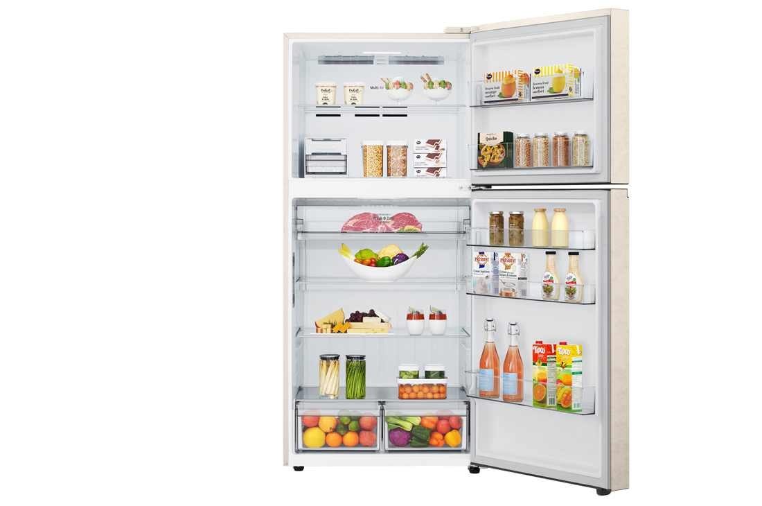 LG Холодильник LG GR-B922FEBM | 612л | DoorCоoling+ | Бежевый, Холодильник GR-B922FEBM вид спереди, двери открыты, заполненные полки, GR-B922FEBM, thumbnail 3