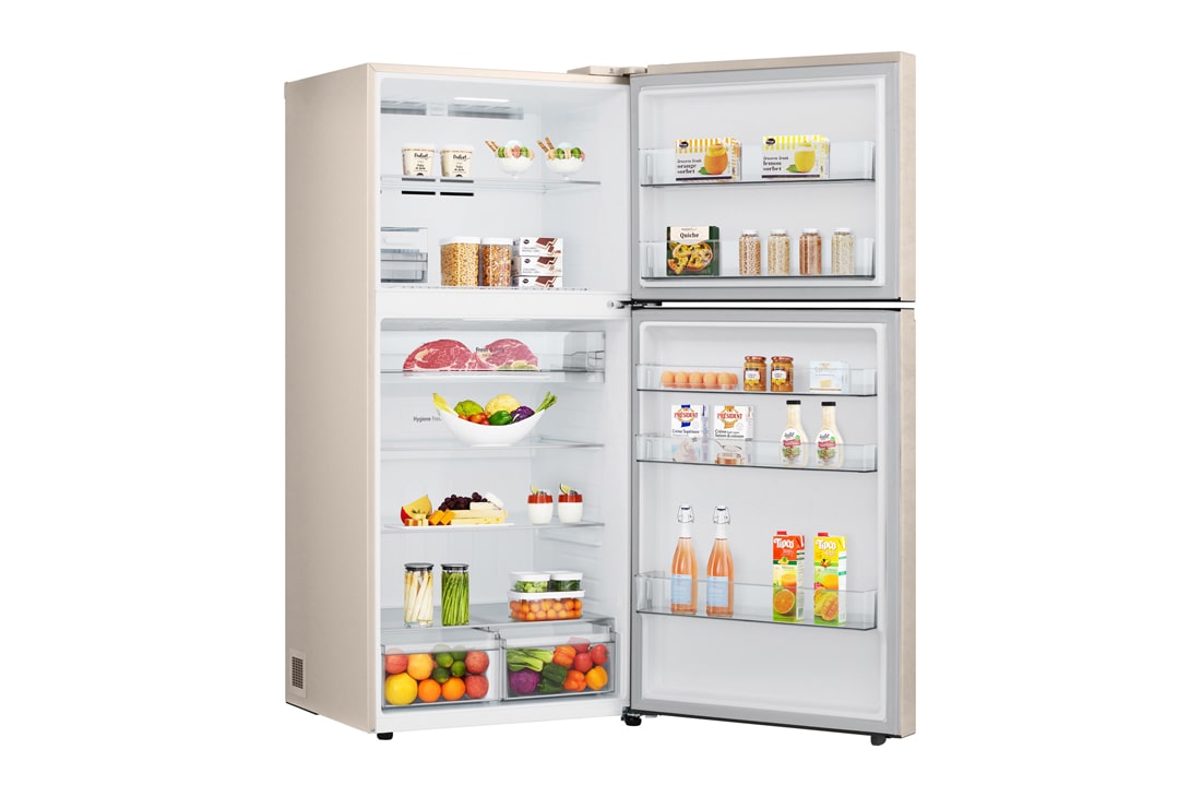 LG Холодильник LG GR-B922FEBM | 612л | DoorCоoling+ | Бежевый, Холодильник GR-B922FEBM полуразворот влево, двери открыты, заполненные полки , GR-B922FEBM, thumbnail 9