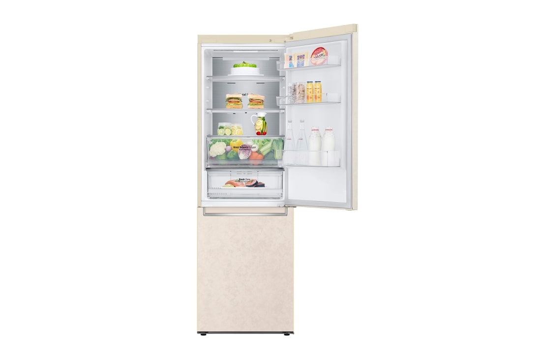 LG Холодильник LG GA-B459SEQM | Объем 374 л | Охлаждение двери DoorCooling+| Складная полка | Бежевый, Холодильник GA-B459SEQM вид спереди, верхняя дверь открыта, заполненные полки, GA-B459SEQM, thumbnail 7
