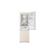 LG Холодильник LG GA-B459SEQM | Объем 374 л | Охлаждение двери DoorCooling+| Складная полка | Бежевый, Холодильник GA-B459SEQM вид спереди, верхняя дверь открыта, заполненные полки, GA-B459SEQM, thumbnail 7