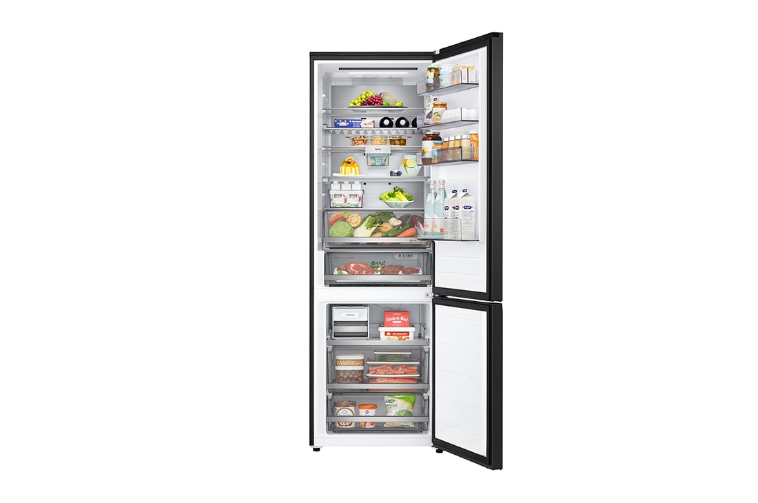 LG Холодильник LG GC-B640FTKM | C нижней морозильной камерой | Объем 513 л | Черный, Холодильник GC-B640FTKM вид спереди, двери открыты, заполненные полки, GC-B640FTKM, thumbnail 6