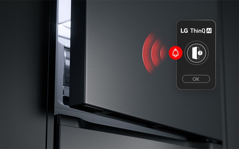 Холодильник LG с нижней морозильной камерой (GC-B640FTBM), верхняя дверца слегка приоткрыта; красная волна указывает на значок открытой дверцы и оповещения	