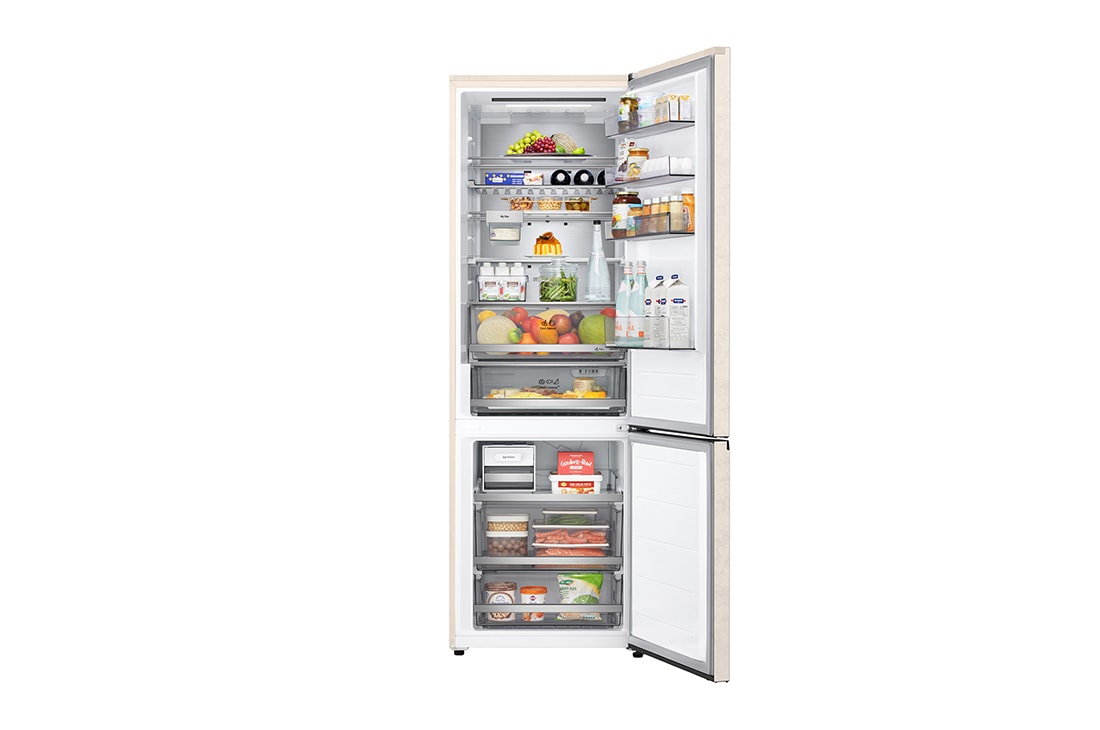 LG Холодильник LG GC-B640FEKM | C нижней морозильной камерой | Объем 513 л | Бежевый, Холодильник GC-B640FEKM вид спереди, верхняя дверь открыта, пустые полки, GC-B640FEKM, thumbnail 6