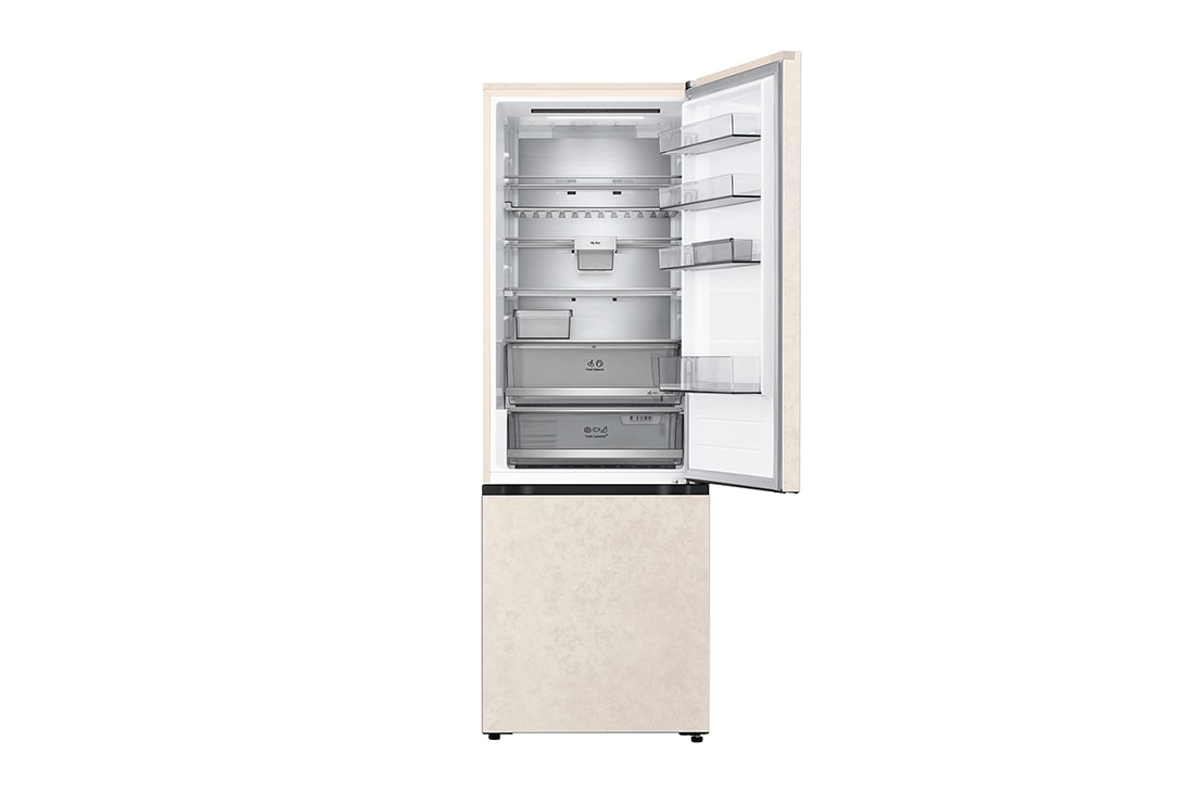 LG Холодильник LG GC-B640FEKM | C нижней морозильной камерой | Объем 513 л | Бежевый, Холодильник GC-B640FEKM вид спереди, нижняя дверь открыта, пустые ящики, GC-B640FEKM, thumbnail 7