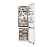 LG Холодильник LG GC-B640FEKM | C нижней морозильной камерой | Объем 513 л | Бежевый, Холодильник GC-B640FEKM вид спереди, верхняя дверь открыта, пустые полки, GC-B640FEKM, thumbnail 6