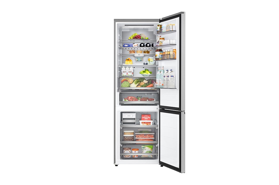 LG Холодильник LG GC-B640FMKM | C нижней морозильной камерой | Объем 513 л | Серебристый, Холодильник GC-B640FMKM вид спереди, двери открыты, заполненные полки, GC-B640FMKM, thumbnail 6