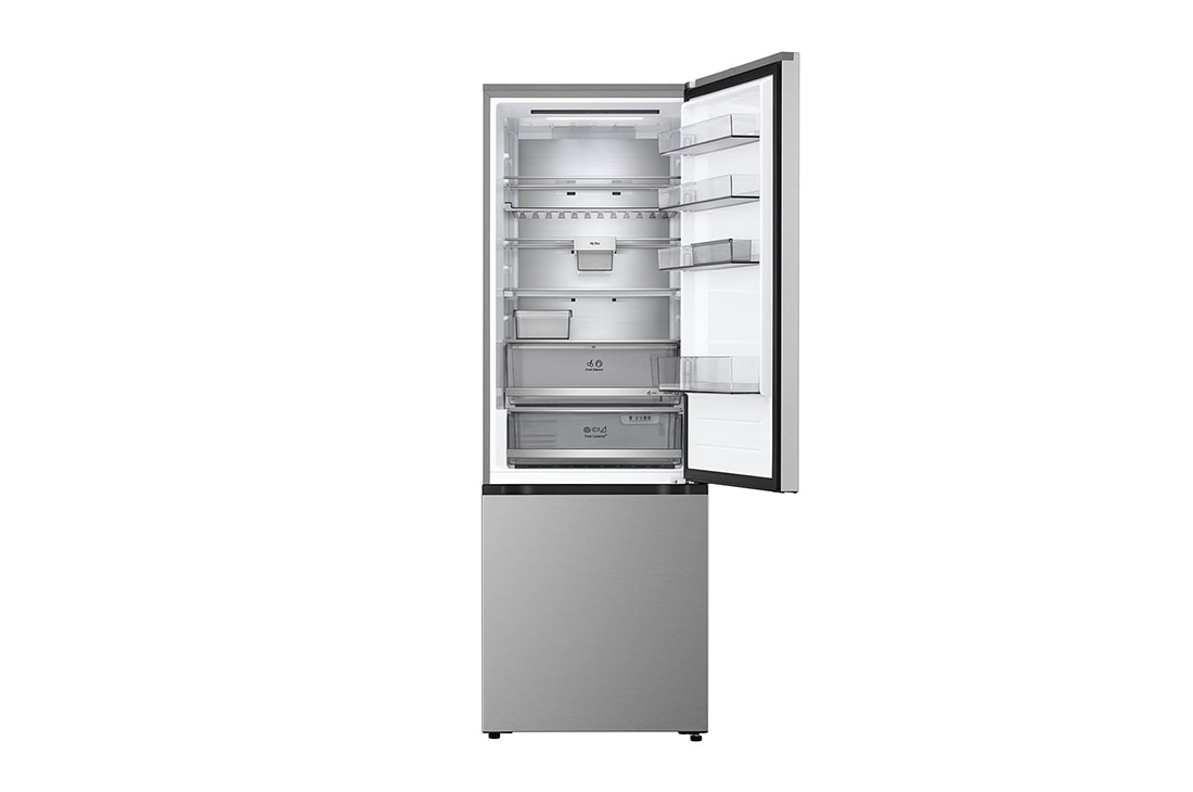 LG Холодильник LG GC-B640FMKM | C нижней морозильной камерой | Объем 513 л | Серебристый, Холодильник GC-B640FMKM вид спереди, верхняя дверь открыта, пустые полки, GC-B640FMKM, thumbnail 7