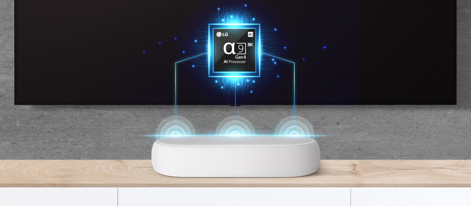 Телевизор с изображением  чипа alpha nine, а прямо под ним саундбар. Схематичны звуковые волны, исходяшие от саундбара