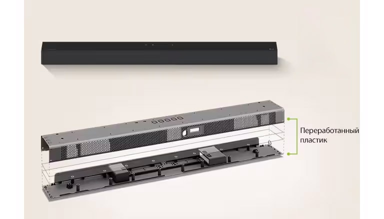 Вид спереди на саундбар сзади и изображение металлического каркаса саундбара спереди.