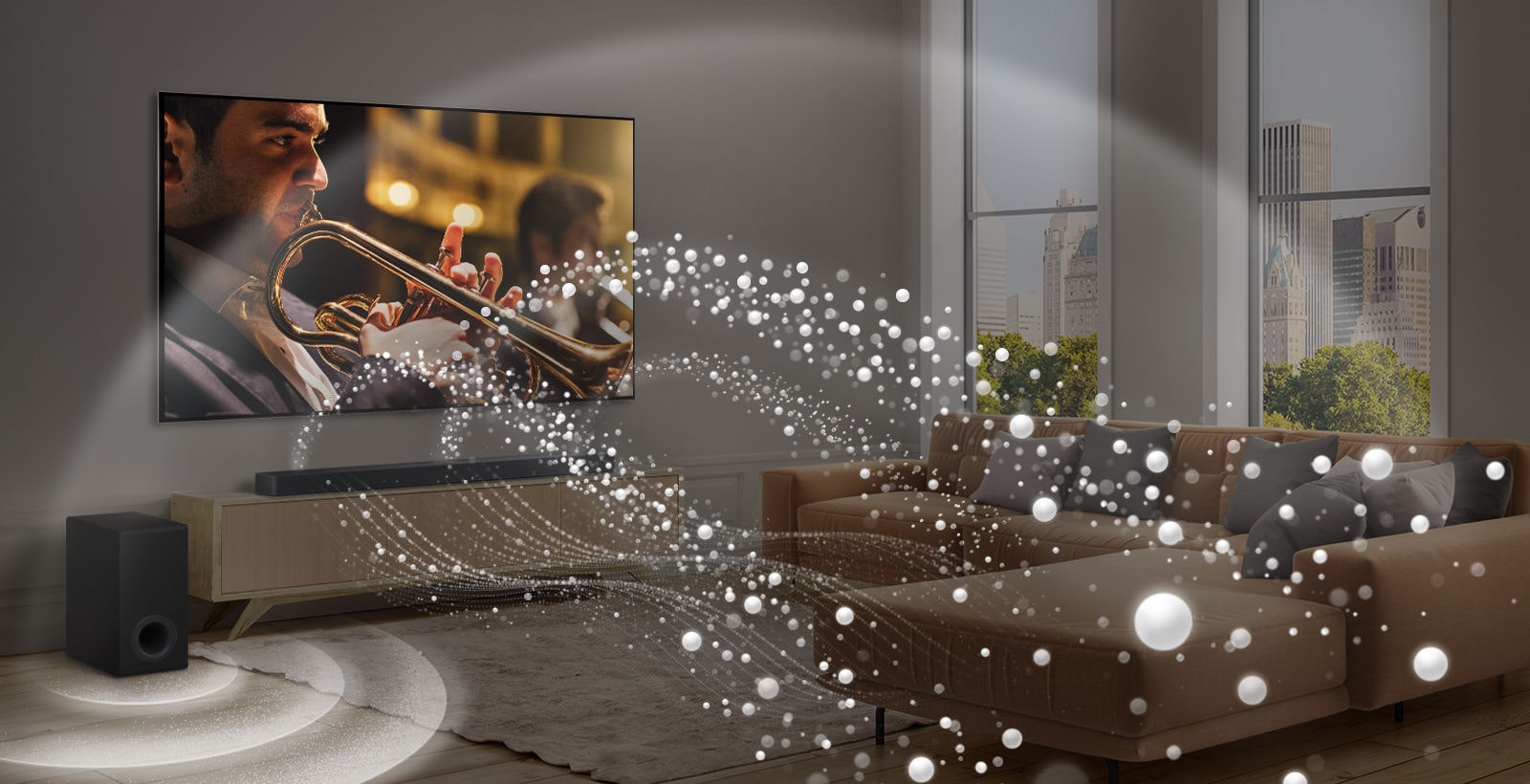 Телевизор LG TV, звуковая панель LG Soundbar и сабвуфер размещены в современной городской квартире. Звуковая панель LG Soundbar излучает звуковые волны из белых капель, заполняющих комнату, а сабвуфер создает звуковой эффект снизу. В целом они создают эффект купола по всей комнате.