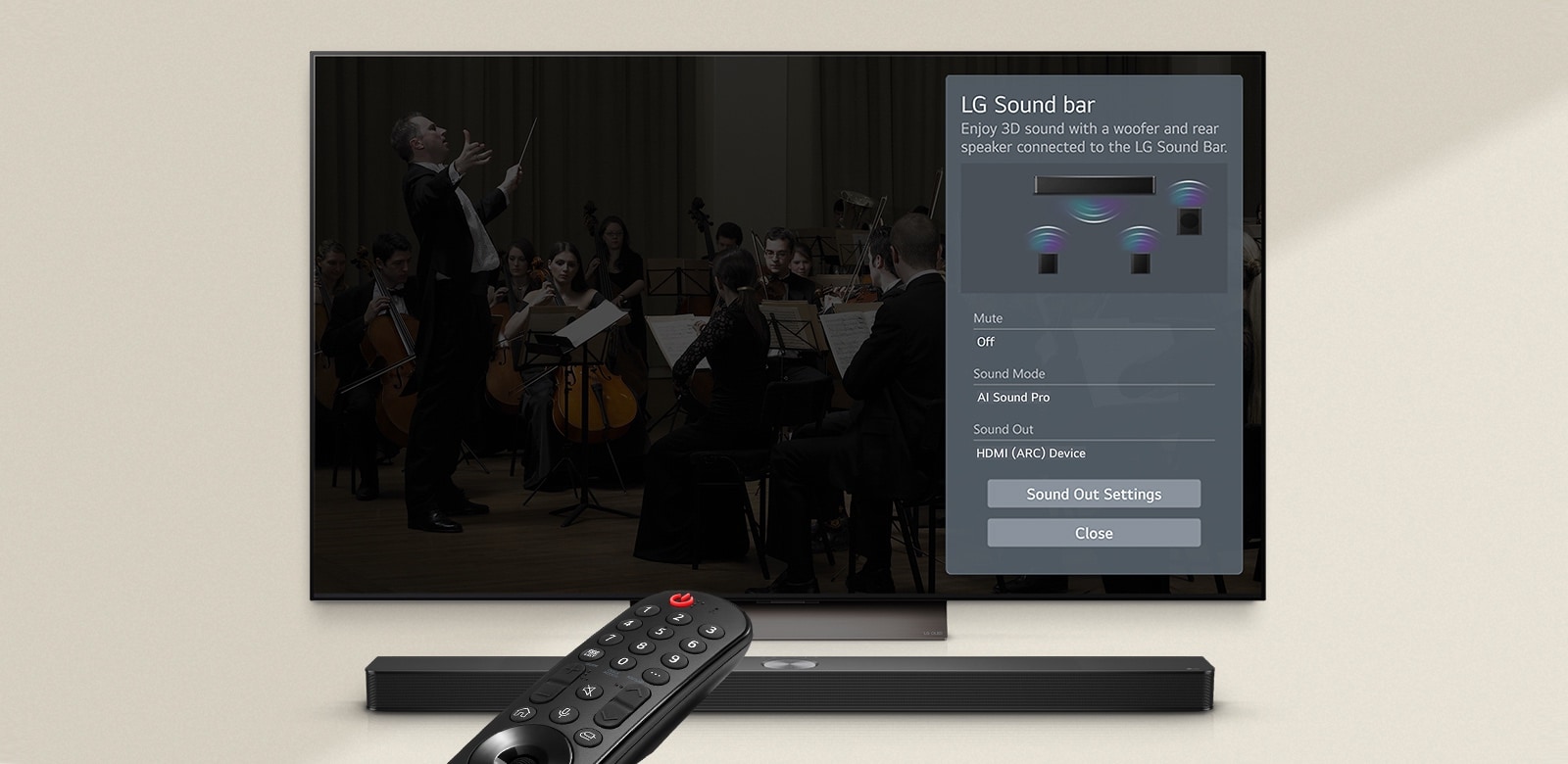 Пульт дистанционного управления LG указывает на телевизор LG TV с установленной под ним звуковой панелью LG Soundbar. На экране телевизора LG TV отображается меню WOW-интерфейса.