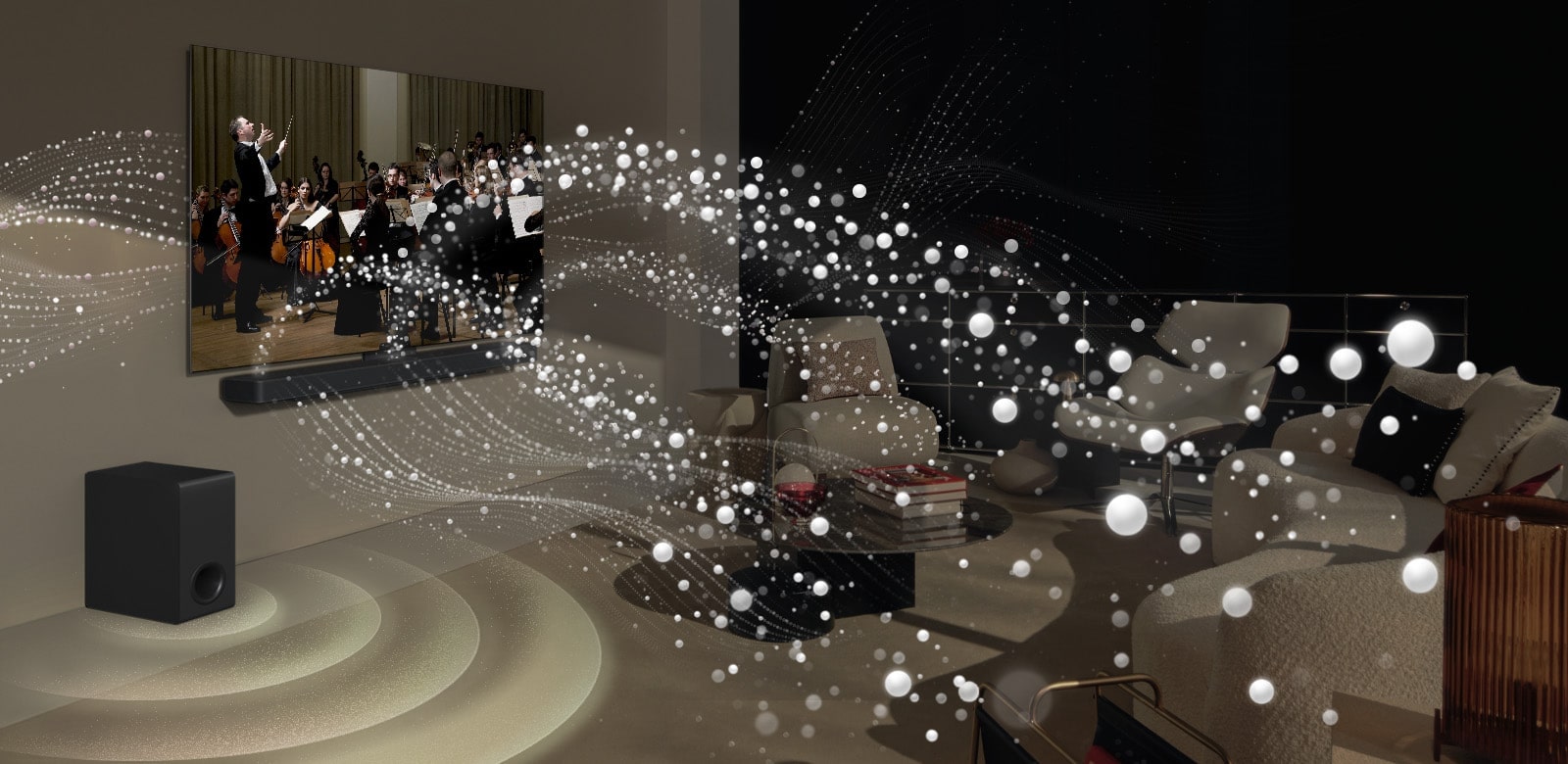 Звуковая панель LG Soundbar, телевизор LG TV и сабвуфер находятся в гостиной, где воспроизводится музыкальный спектакль. Белые капли создают звуковые волны, которые устремляются вверх и вперед от звуковой панели и проецируются на телевизор. Сабвуфер создает звуковой эффект снизу.