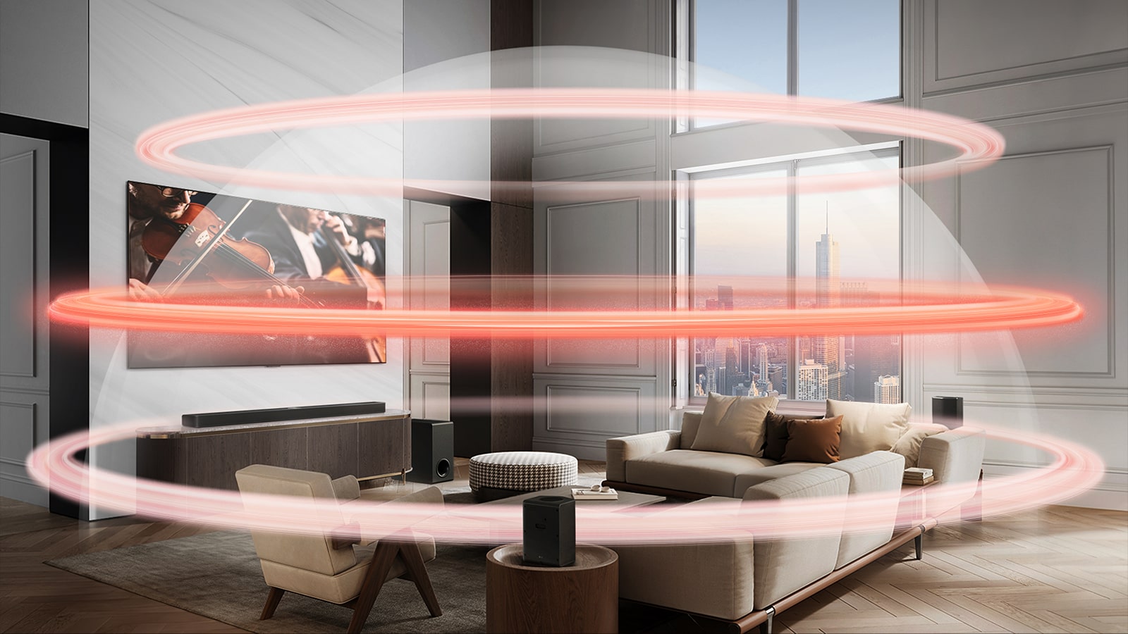 Звуковая панель LG Soundbar и телевизор LG TV находятся в большой городской квартире. Три красные полосы появляются по очереди, изображая виртуальные слои, и собираются вместе, создавая цельный звуковой купол.