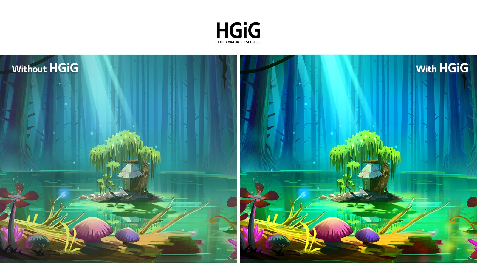 Анимированное изображение домика с деревом на небольшой площадке, посреди которой расположен пруд, окруженный высокими деревьями без листвы, с текстом 'С HGIG' в верхнем правом углу. Это изображение ярче и качественнее, чем картинка без HGiG.