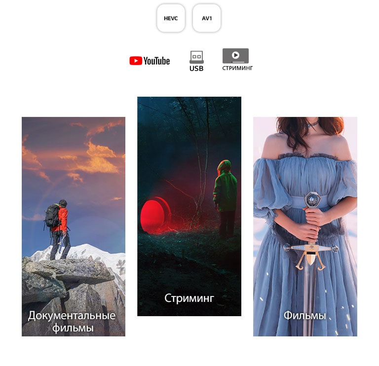 Слева направо расположены изображения мужчины с туристическим снаряжением, стоящим на горе; темная сцена с мальчиком, стоящим перед туннелем, излучающим красный свет; и женщиной в синем одеянии на белом фоне с мечом в руках.