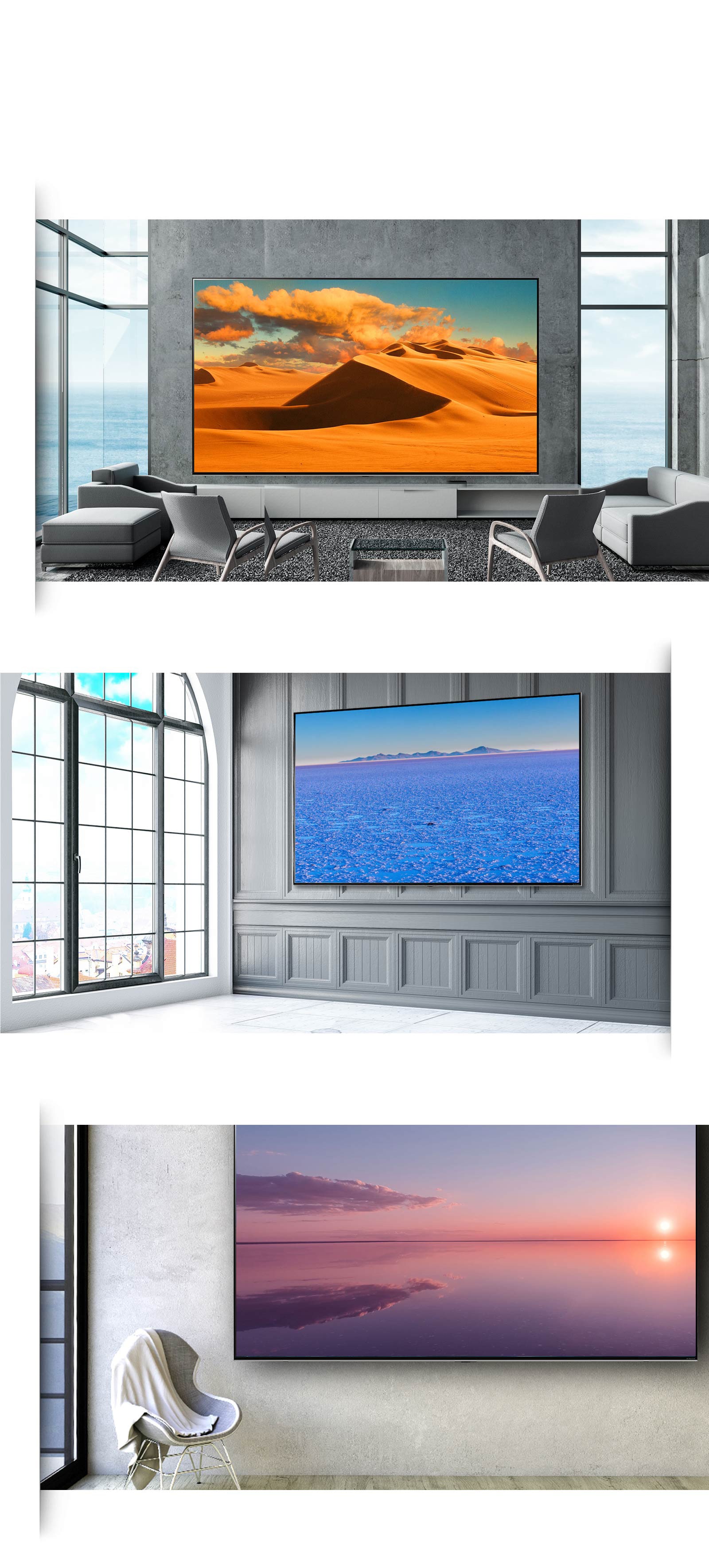 Три изображения большого телевизора с плоским экраном, установленного на стене в различных вариантах современного интерьера.