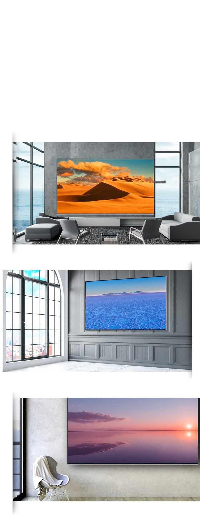 Три изображения большого телевизора с плоским экраном, установленного на стене в различных вариантах современного интерьера.