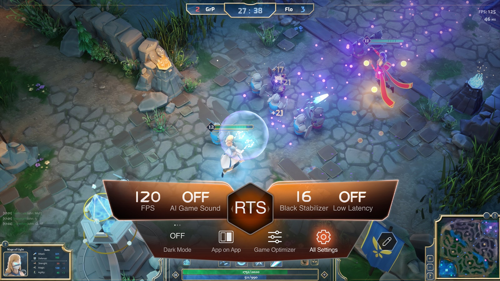 Изображение, на котором показаны настройки и игровая панель во время игры.