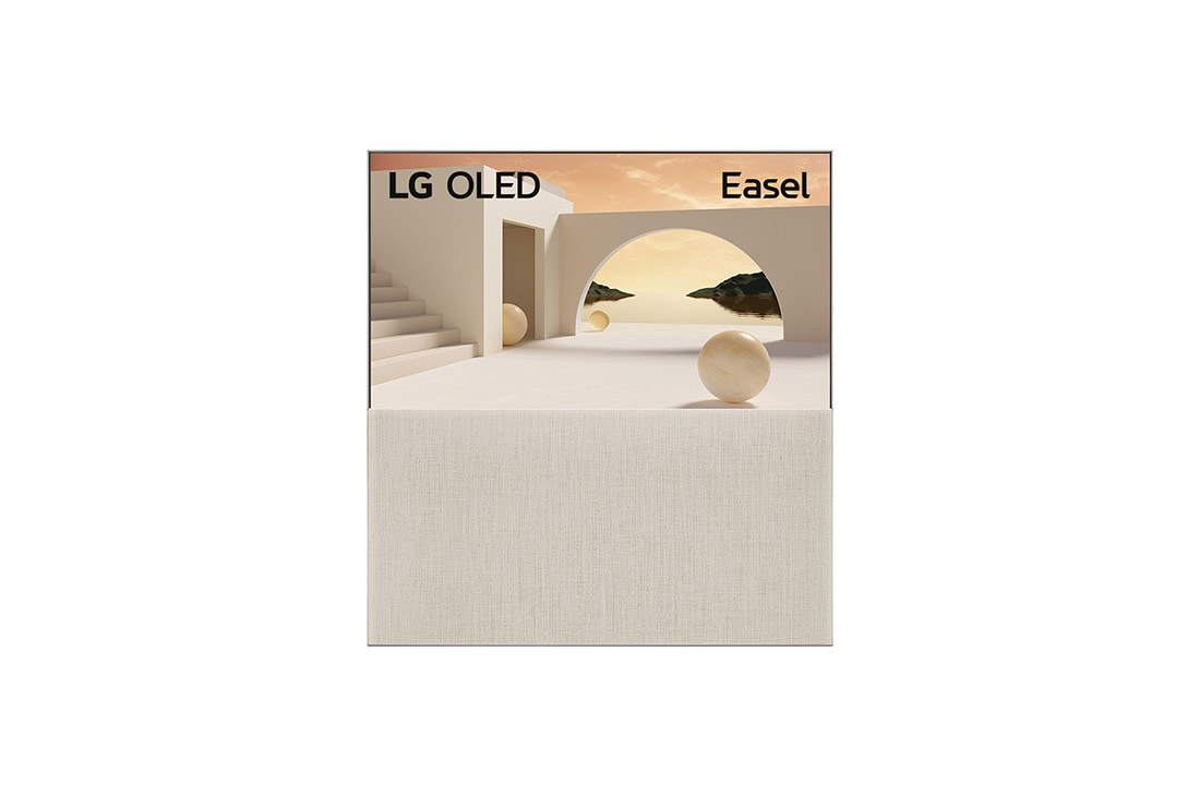 LG OLED | Object Collection Easel, Вид спереди на телевизор Easel в полноэкранном режиме с изображением бежевой архитектуры на экране., 65ART90E6QA