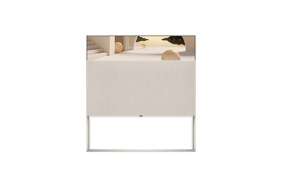 LG Телевизор LG 65ART90E6QA 65'' OLED Objet Collection Easel, Вид спереди на телевизор Easel в линейном режиме и отображением времени с бежевой архитектурной темой., 65ART90E6QA, thumbnail 2
